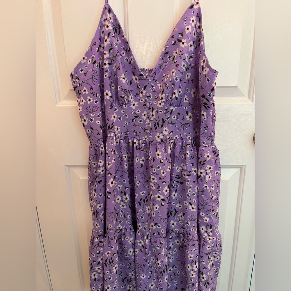 Purple floral dress ruffled, short, adjustable spaghetti strap. Shein Curve 2XL